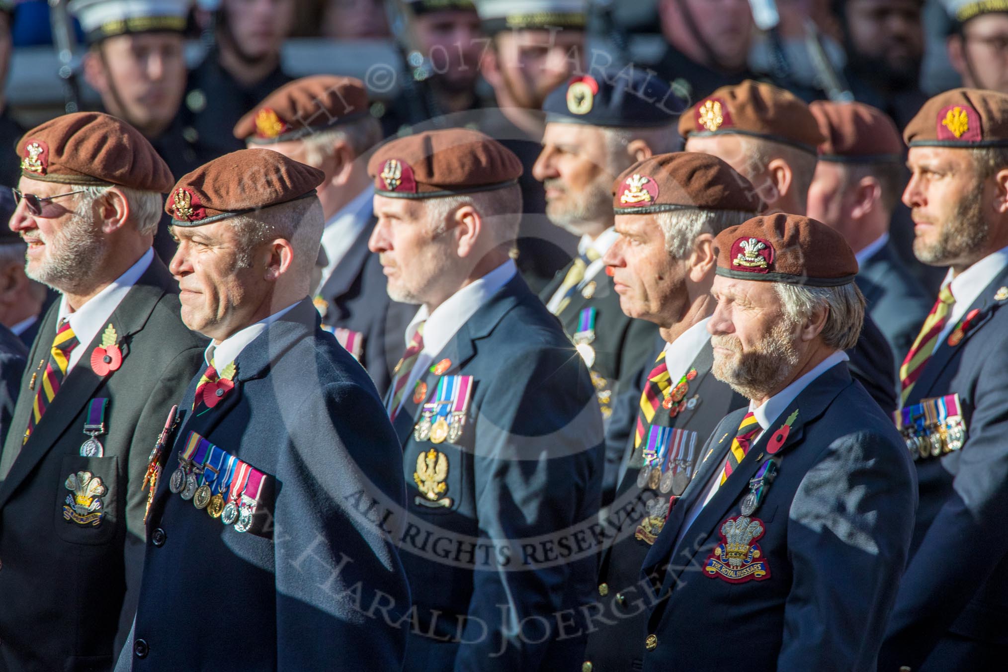 The King's Royal Hussars Regimental Association  (Group B21, 100 members) during the Royal British Legion March Past on Remembrance Sunday at the Cenotaph, Whitehall, Westminster, London, 11 November 2018, 12:10.