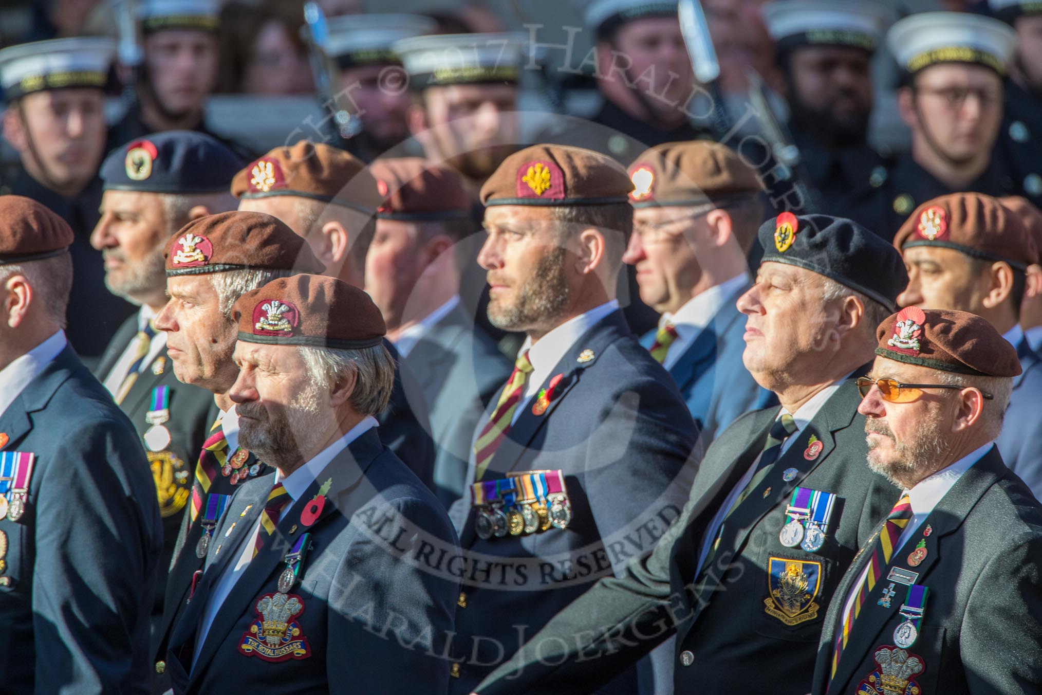 The King's Royal Hussars Regimental Association  (Group B21, 100 members) during the Royal British Legion March Past on Remembrance Sunday at the Cenotaph, Whitehall, Westminster, London, 11 November 2018, 12:10.