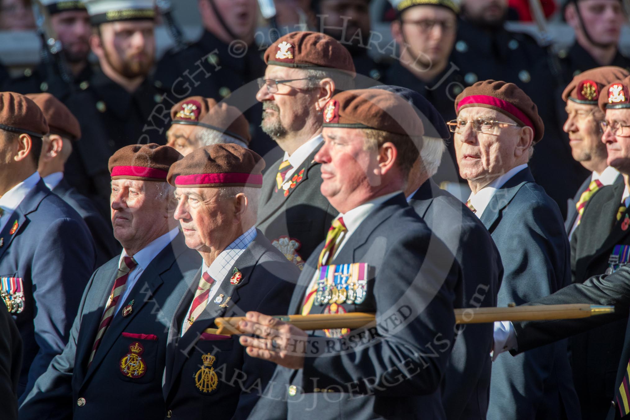 The King's Royal Hussars Regimental Association  (Group B21, 100 members) during the Royal British Legion March Past on Remembrance Sunday at the Cenotaph, Whitehall, Westminster, London, 11 November 2018, 12:10..