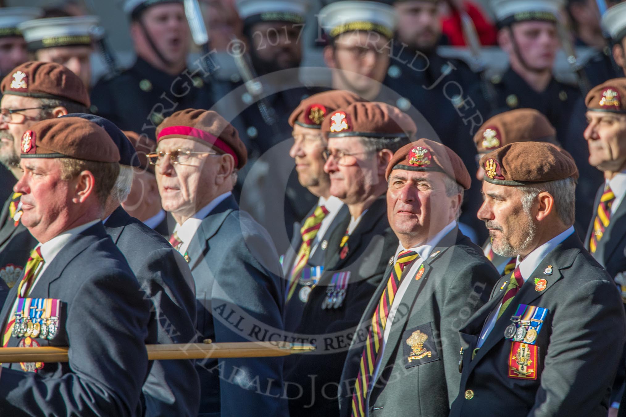 The King's Royal Hussars Regimental Association  (Group B21, 100 members) during the Royal British Legion March Past on Remembrance Sunday at the Cenotaph, Whitehall, Westminster, London, 11 November 2018, 12:10.