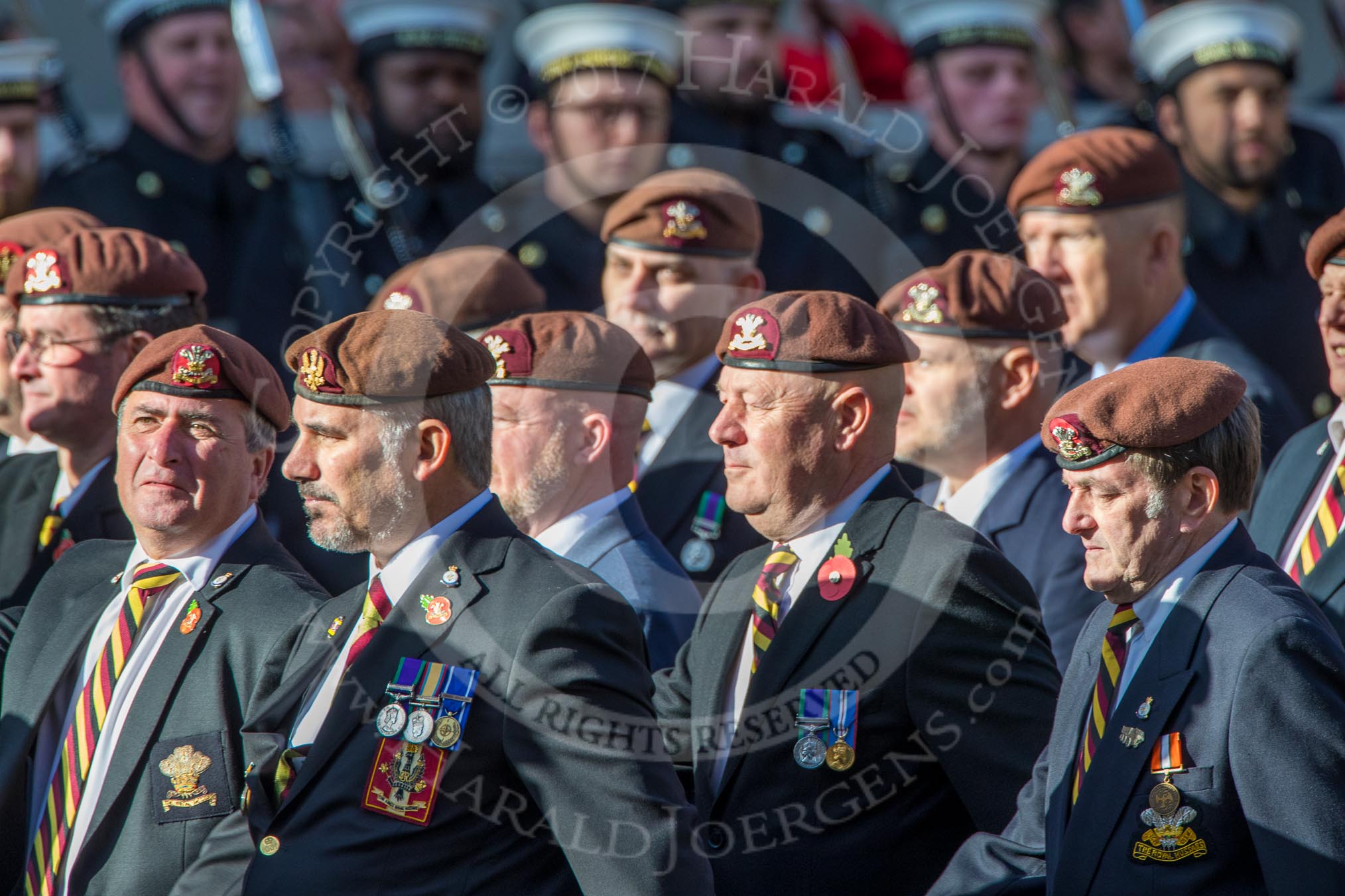 The King's Royal Hussars Regimental Association  (Group B21, 100 members) during the Royal British Legion March Past on Remembrance Sunday at the Cenotaph, Whitehall, Westminster, London, 11 November 2018, 12:10.