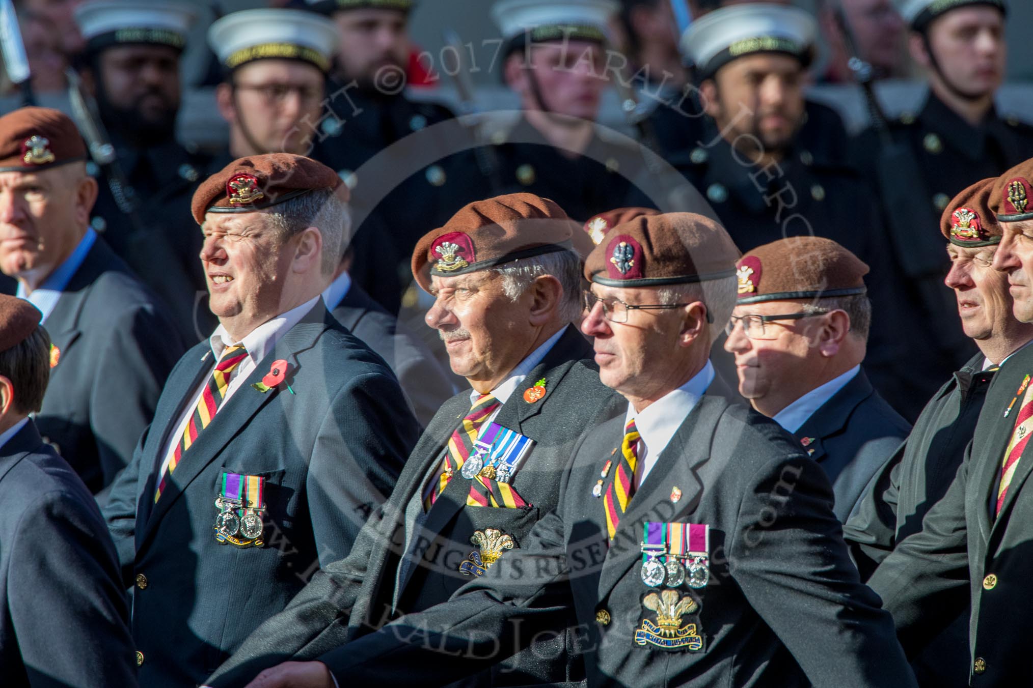 The King's Royal Hussars Regimental Association  (Group B21, 100 members) during the Royal British Legion March Past on Remembrance Sunday at the Cenotaph, Whitehall, Westminster, London, 11 November 2018, 12:10.