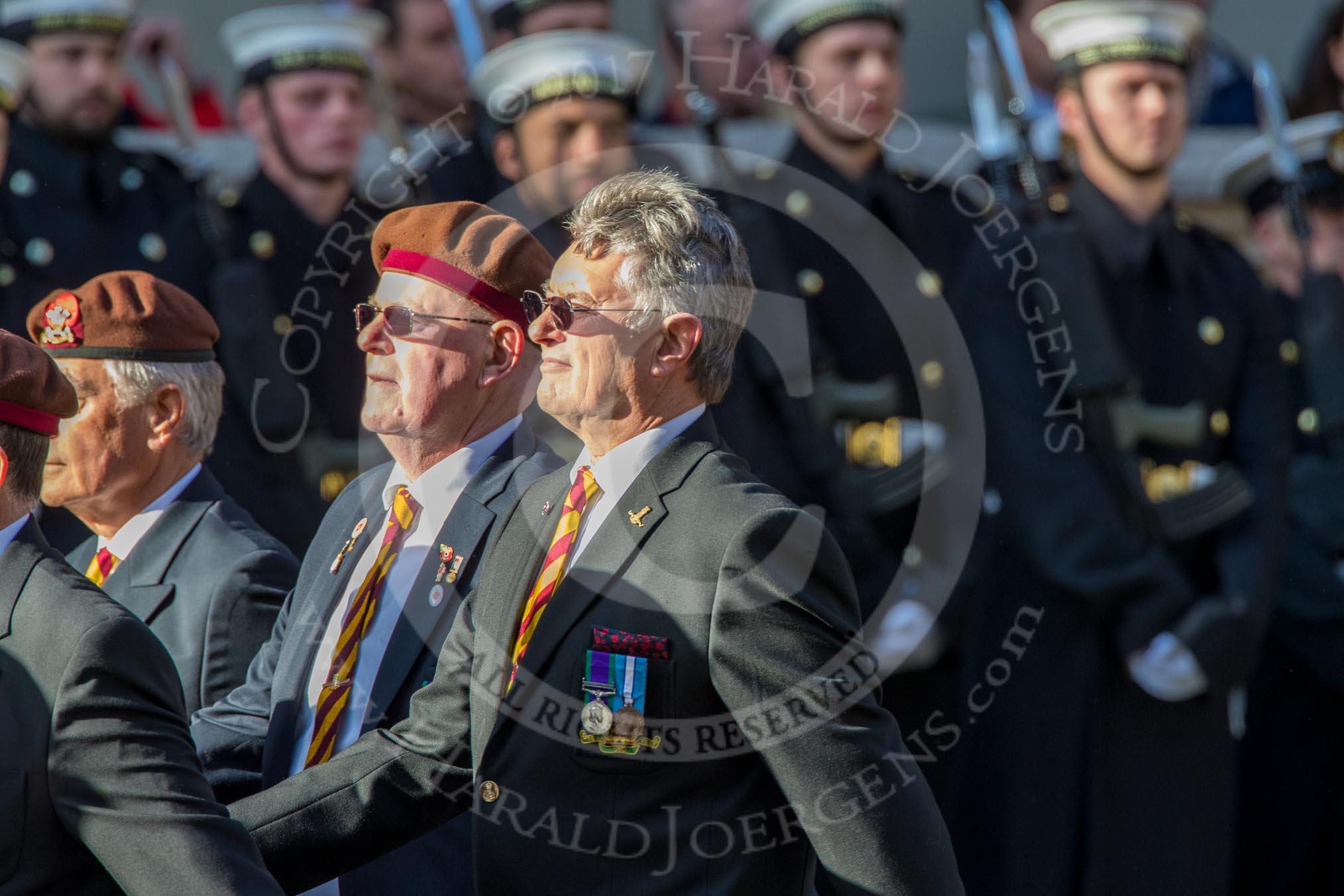 The King's Royal Hussars Regimental Association  (Group B21, 100 members) during the Royal British Legion March Past on Remembrance Sunday at the Cenotaph, Whitehall, Westminster, London, 11 November 2018, 12:10.