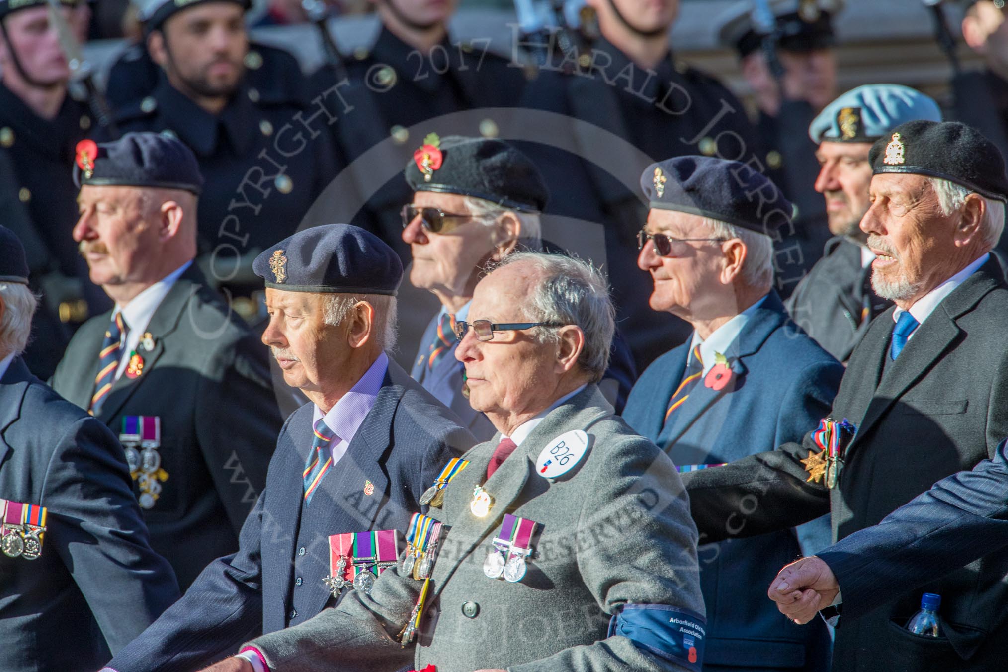 Arborfield Old Boys Association (Group B26, 29 members) during the Royal British Legion March Past on Remembrance Sunday at the Cenotaph, Whitehall, Westminster, London, 11 November 2018, 12:11.