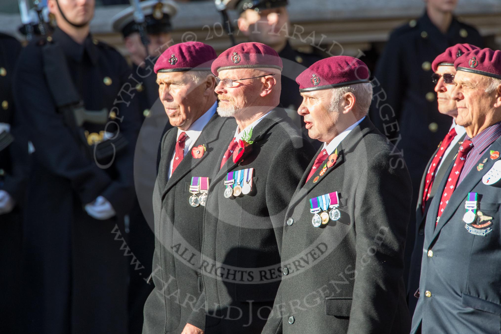 The Parachute Squadron Royal Armoured Corps (Group B28, 19 members) during the Royal British Legion March Past on Remembrance Sunday at the Cenotaph, Whitehall, Westminster, London, 11 November 2018, 12:12.