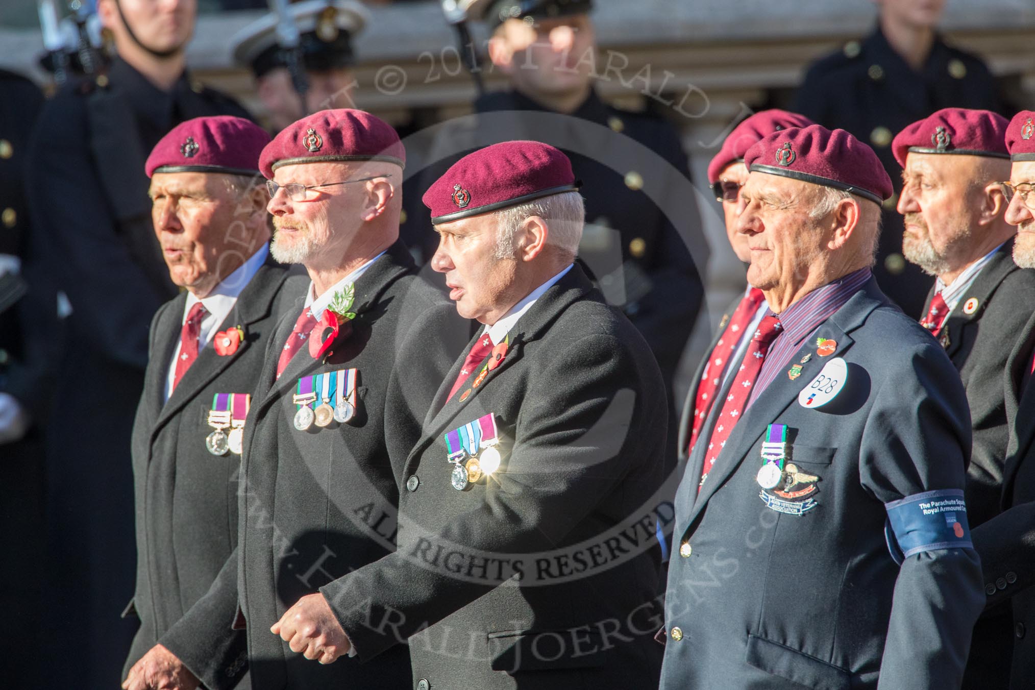 The Parachute Squadron Royal Armoured Corps (Group B28, 19 members) during the Royal British Legion March Past on Remembrance Sunday at the Cenotaph, Whitehall, Westminster, London, 11 November 2018, 12:12.