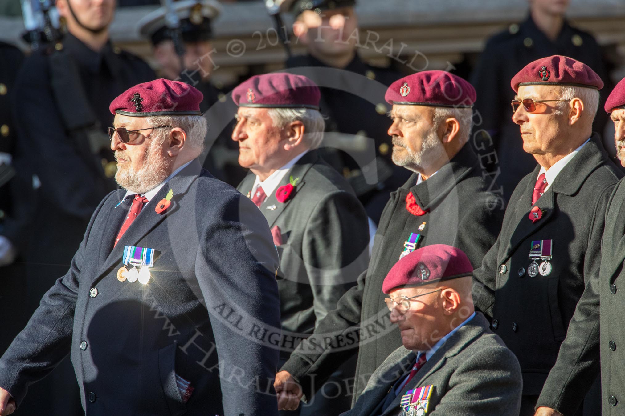 The Parachute Squadron Royal Armoured Corps (Group B28, 19 members) during the Royal British Legion March Past on Remembrance Sunday at the Cenotaph, Whitehall, Westminster, London, 11 November 2018, 12:12.