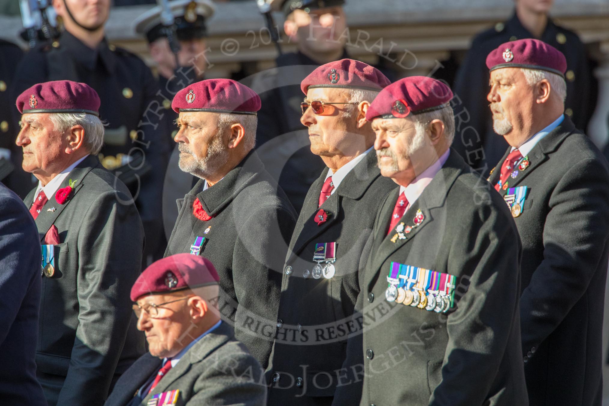 The Parachute Squadron Royal Armoured Corps (Group B28, 19 members) during the Royal British Legion March Past on Remembrance Sunday at the Cenotaph, Whitehall, Westminster, London, 11 November 2018, 12:12.