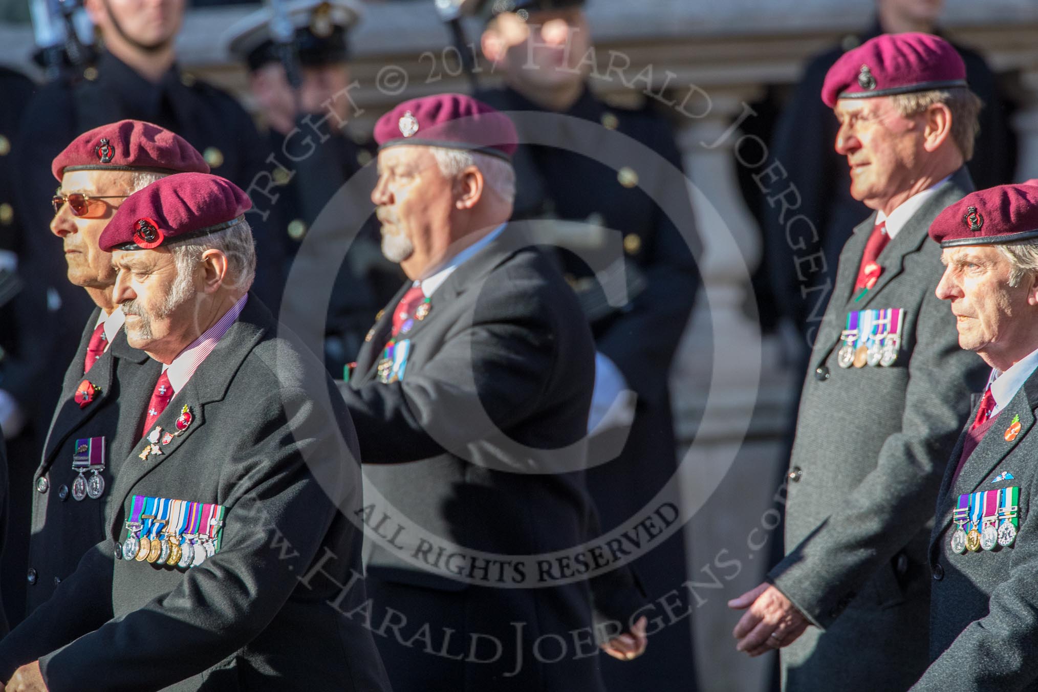 The Parachute Squadron Royal Armoured Corps (Group B28, 19 members) during the Royal British Legion March Past on Remembrance Sunday at the Cenotaph, Whitehall, Westminster, London, 11 November 2018, 12:12.