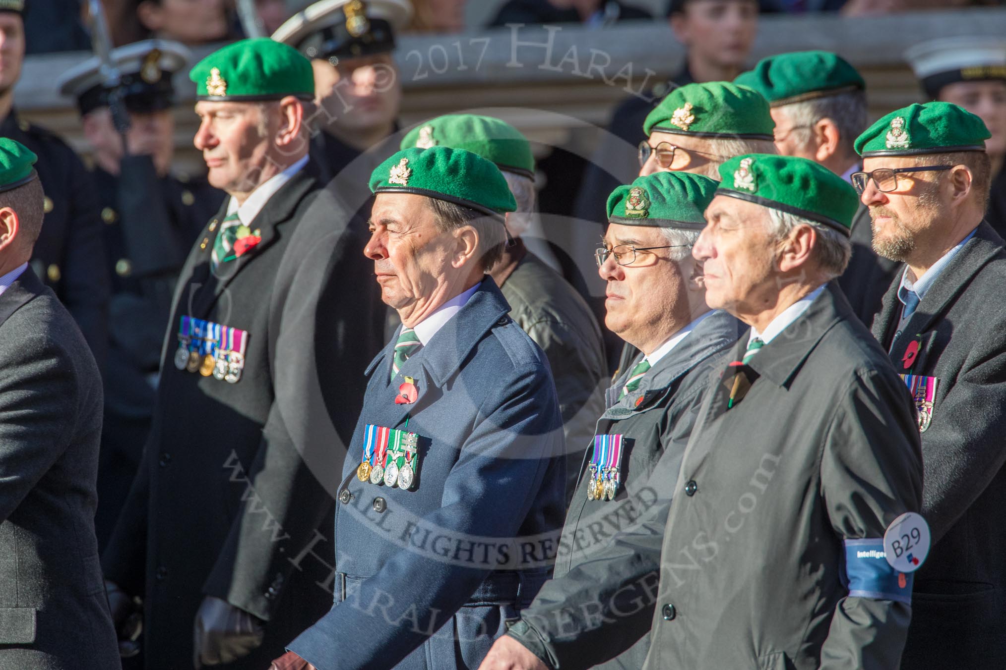 Intelligence Corps Association (Group B29, 35 members) during the Royal British Legion March Past on Remembrance Sunday at the Cenotaph, Whitehall, Westminster, London, 11 November 2018, 12:12.