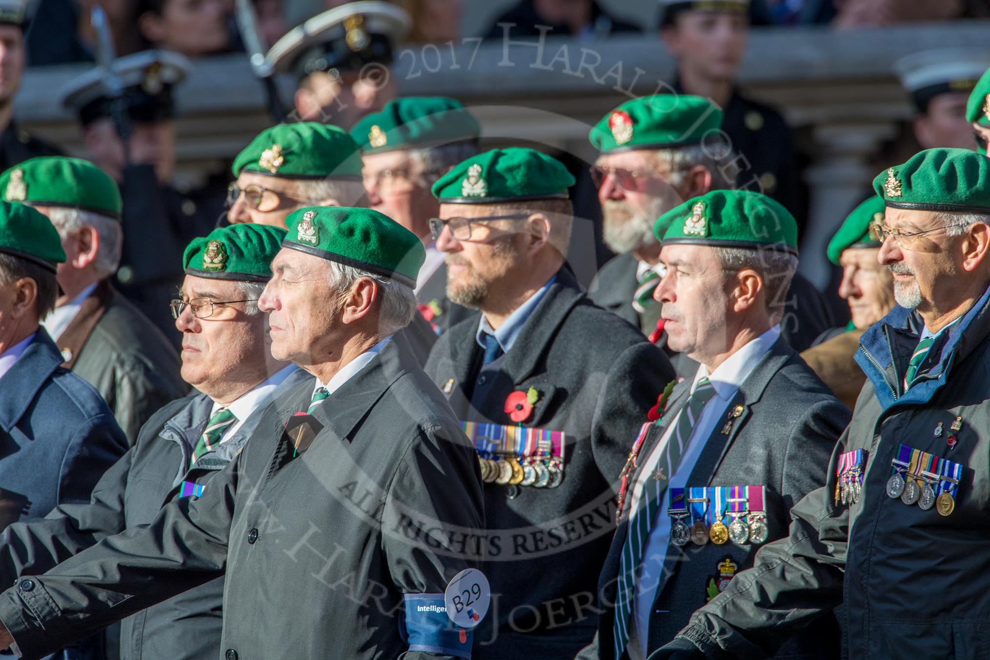 Intelligence Corps Association (Group B29, 35 members) during the Royal British Legion March Past on Remembrance Sunday at the Cenotaph, Whitehall, Westminster, London, 11 November 2018, 12:12.