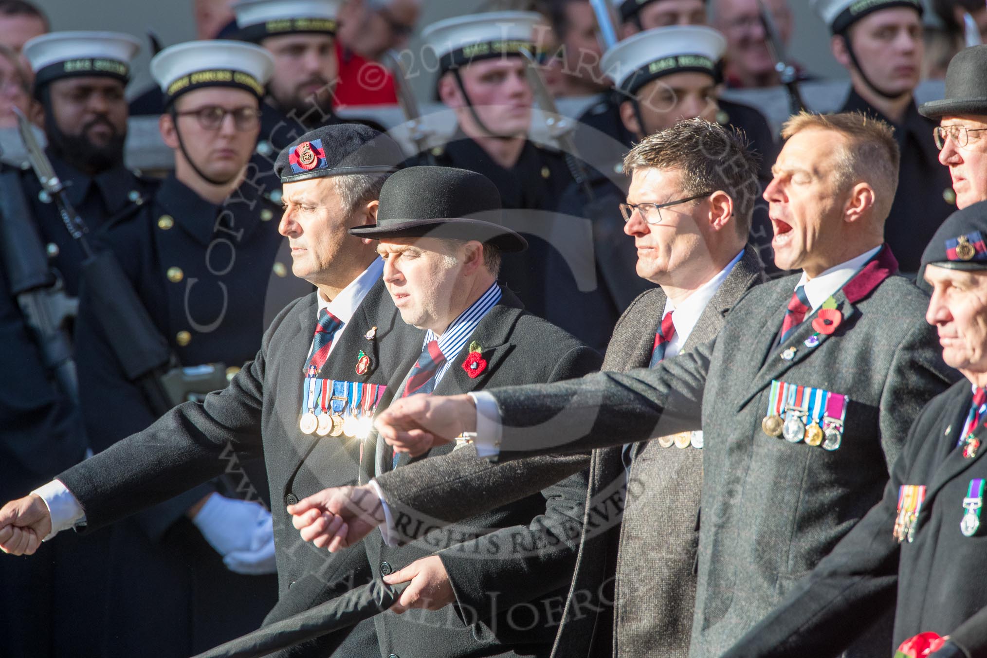 The Household Cavalry Associations (Group B32, 24 members) during the Royal British Legion March Past on Remembrance Sunday at the Cenotaph, Whitehall, Westminster, London, 11 November 2018, 12:12.