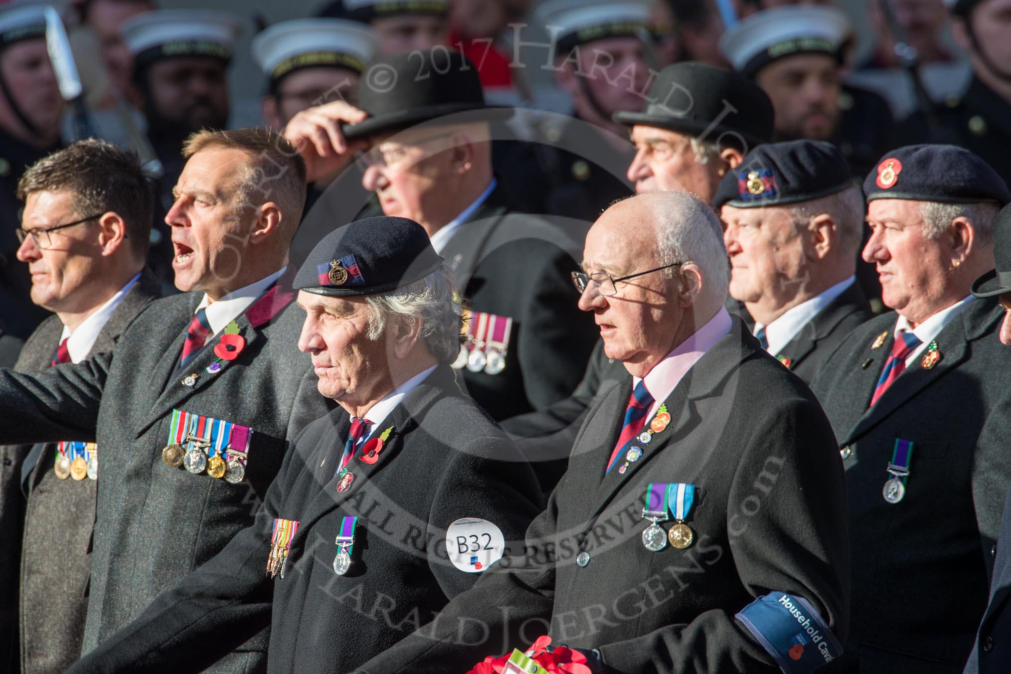 The Household Cavalry Associations (Group B32, 24 members) during the Royal British Legion March Past on Remembrance Sunday at the Cenotaph, Whitehall, Westminster, London, 11 November 2018, 12:12.