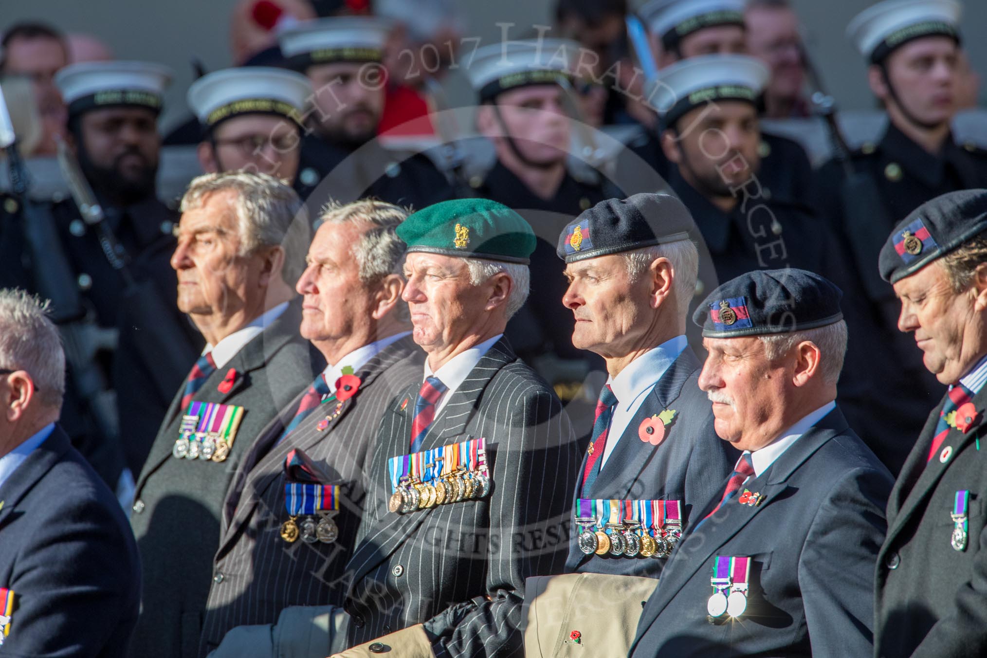 The Household Cavalry Associations (Group B32, 24 members) during the Royal British Legion March Past on Remembrance Sunday at the Cenotaph, Whitehall, Westminster, London, 11 November 2018, 12:12.