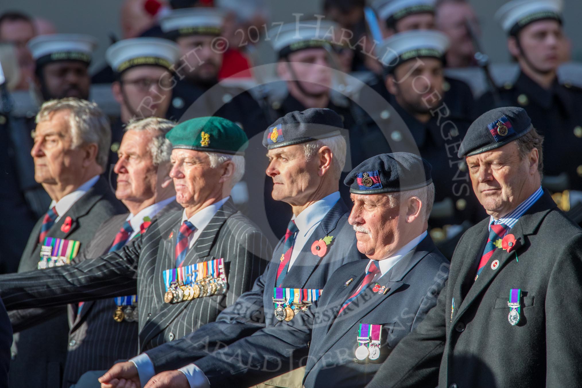 The Household Cavalry Associations (Group B32, 24 members) during the Royal British Legion March Past on Remembrance Sunday at the Cenotaph, Whitehall, Westminster, London, 11 November 2018, 12:12.