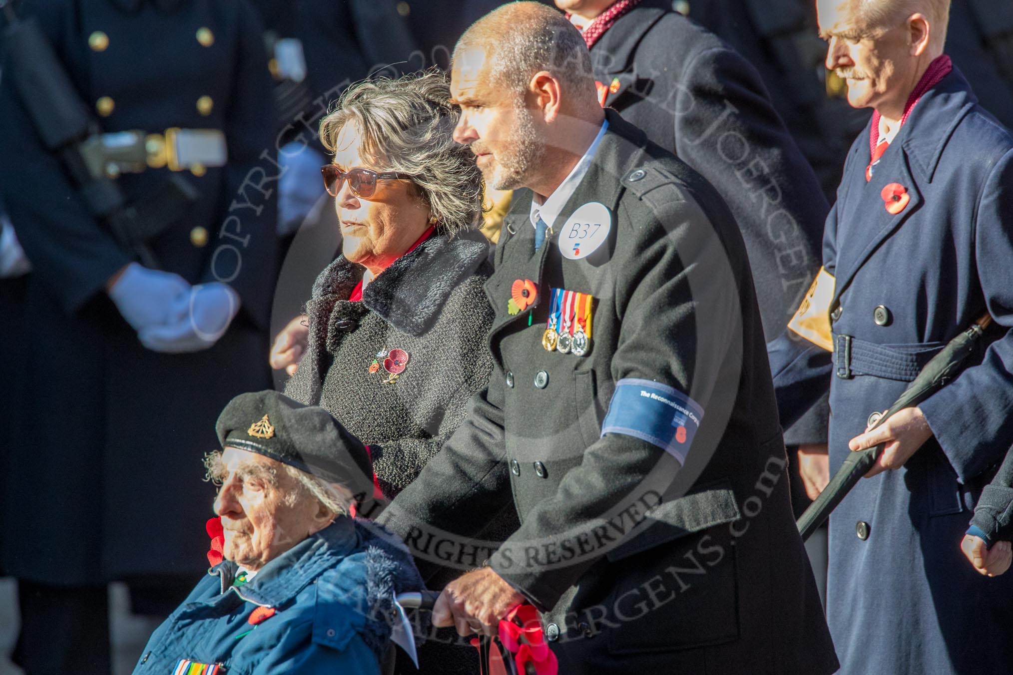 The Reconnaissance Corps Association (Group B37, 4 members) during the Royal British Legion March Past on Remembrance Sunday at the Cenotaph, Whitehall, Westminster, London, 11 November 2018, 12:13.