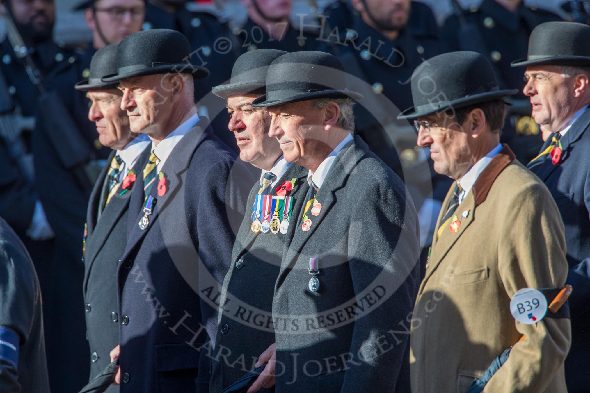 The Queen's Royal Hussars Regimental Association (Group B39, 19 members) during the Royal British Legion March Past on Remembrance Sunday at the Cenotaph, Whitehall, Westminster, London, 11 November 2018, 12:13.