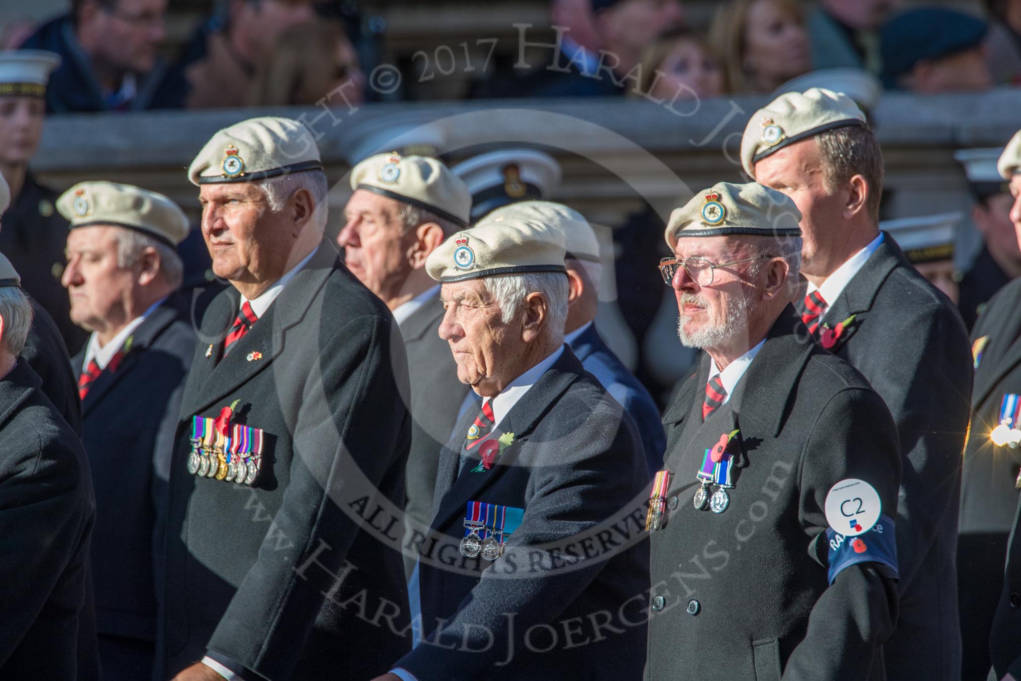 Royal Air Force Police Association (Group C2, 60 members) during the Royal British Legion March Past on Remembrance Sunday at the Cenotaph, Whitehall, Westminster, London, 11 November 2018, 12:14.