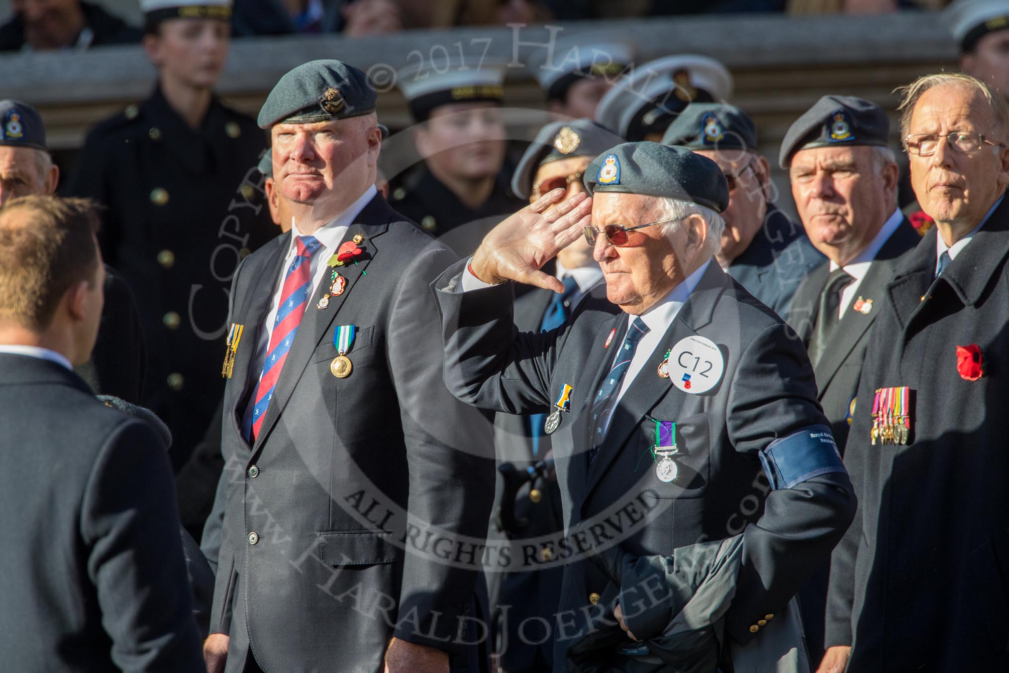 Royal Air Force Mountain Rescue Association (Group C12, 32 members) during the Royal British Legion March Past on Remembrance Sunday at the Cenotaph, Whitehall, Westminster, London, 11 November 2018, 12:16.