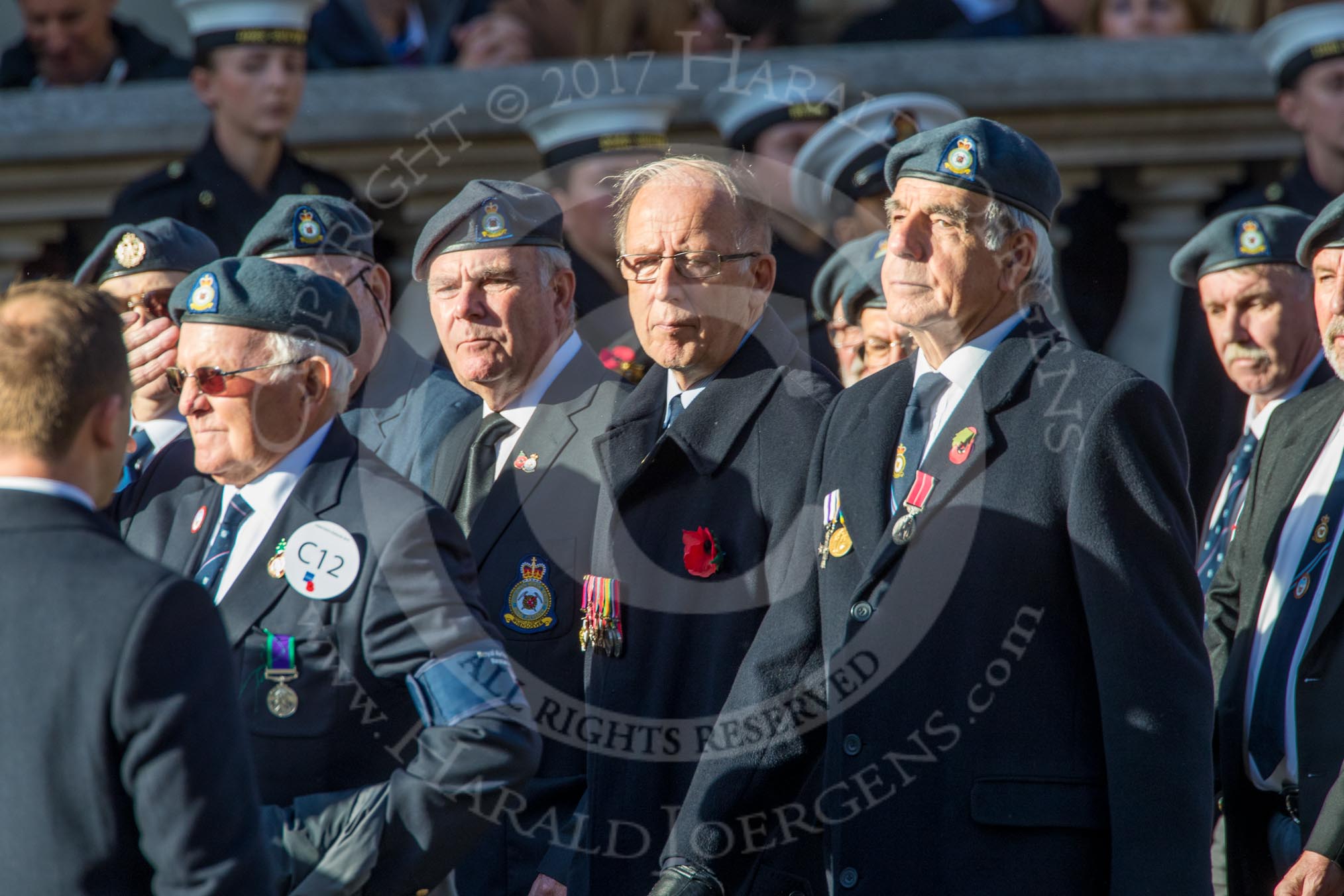 Royal Air Force Mountain Rescue Association (Group C12, 32 members) during the Royal British Legion March Past on Remembrance Sunday at the Cenotaph, Whitehall, Westminster, London, 11 November 2018, 12:16.