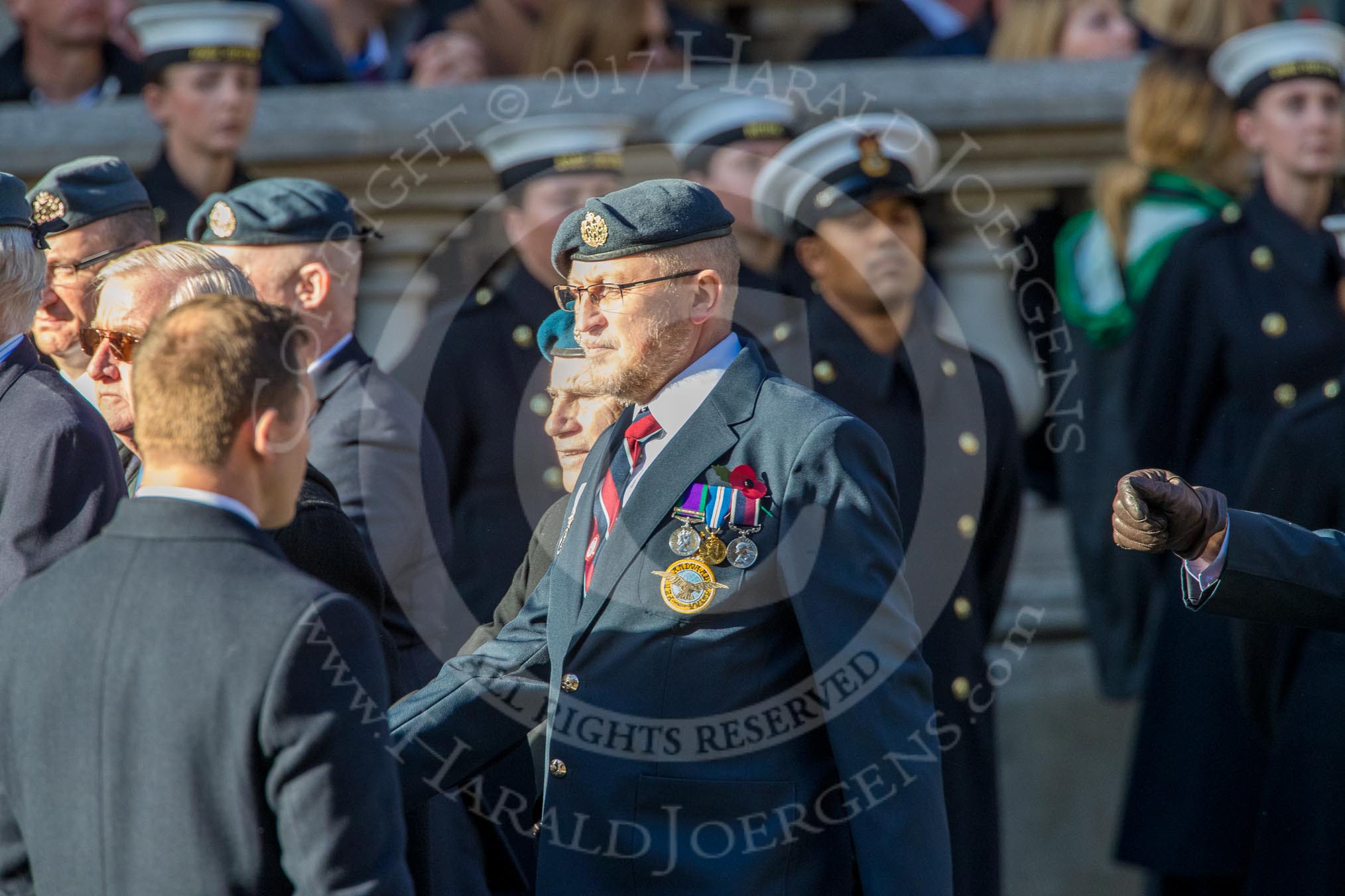 Royal Air Force Mountain Rescue Association (Group C12, 32 members) during the Royal British Legion March Past on Remembrance Sunday at the Cenotaph, Whitehall, Westminster, London, 11 November 2018, 12:16.