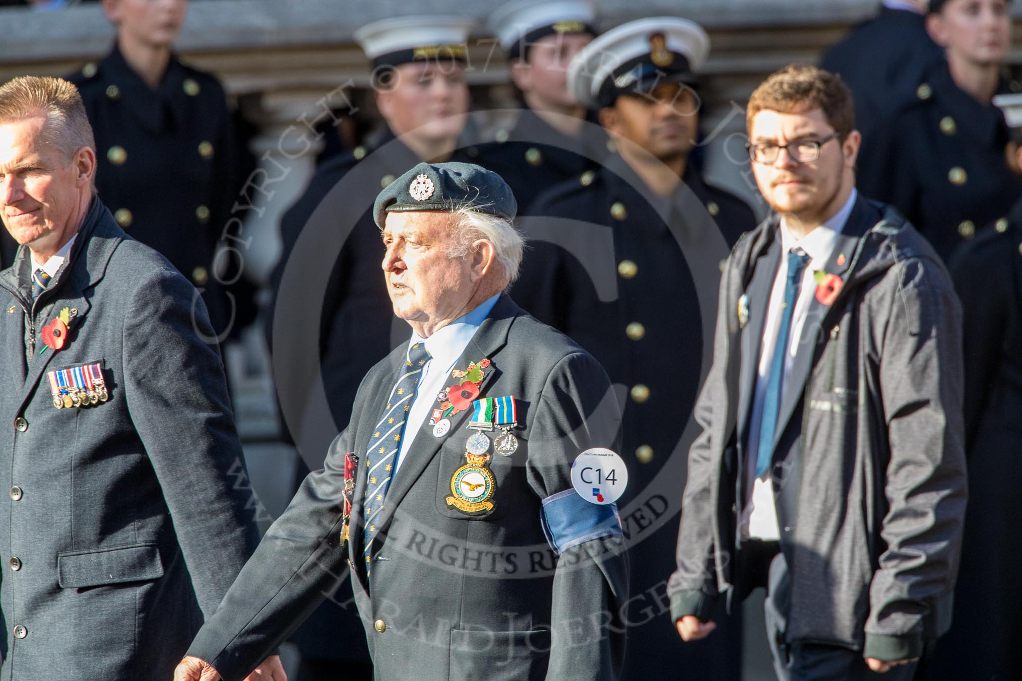 RAF Airfield Squadron Branch Association s (Group C14, 12 members) during the Royal British Legion March Past on Remembrance Sunday at the Cenotaph, Whitehall, Westminster, London, 11 November 2018, 12:16..