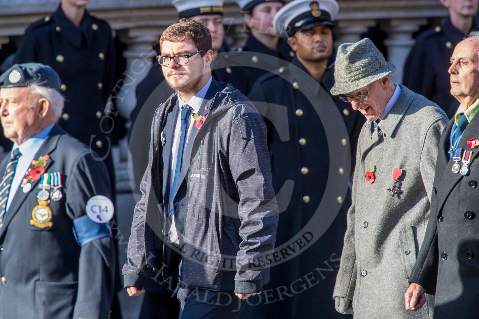 RAF Airfield Squadron Branch Association s (Group C14, 12 members) during the Royal British Legion March Past on Remembrance Sunday at the Cenotaph, Whitehall, Westminster, London, 11 November 2018, 12:16.