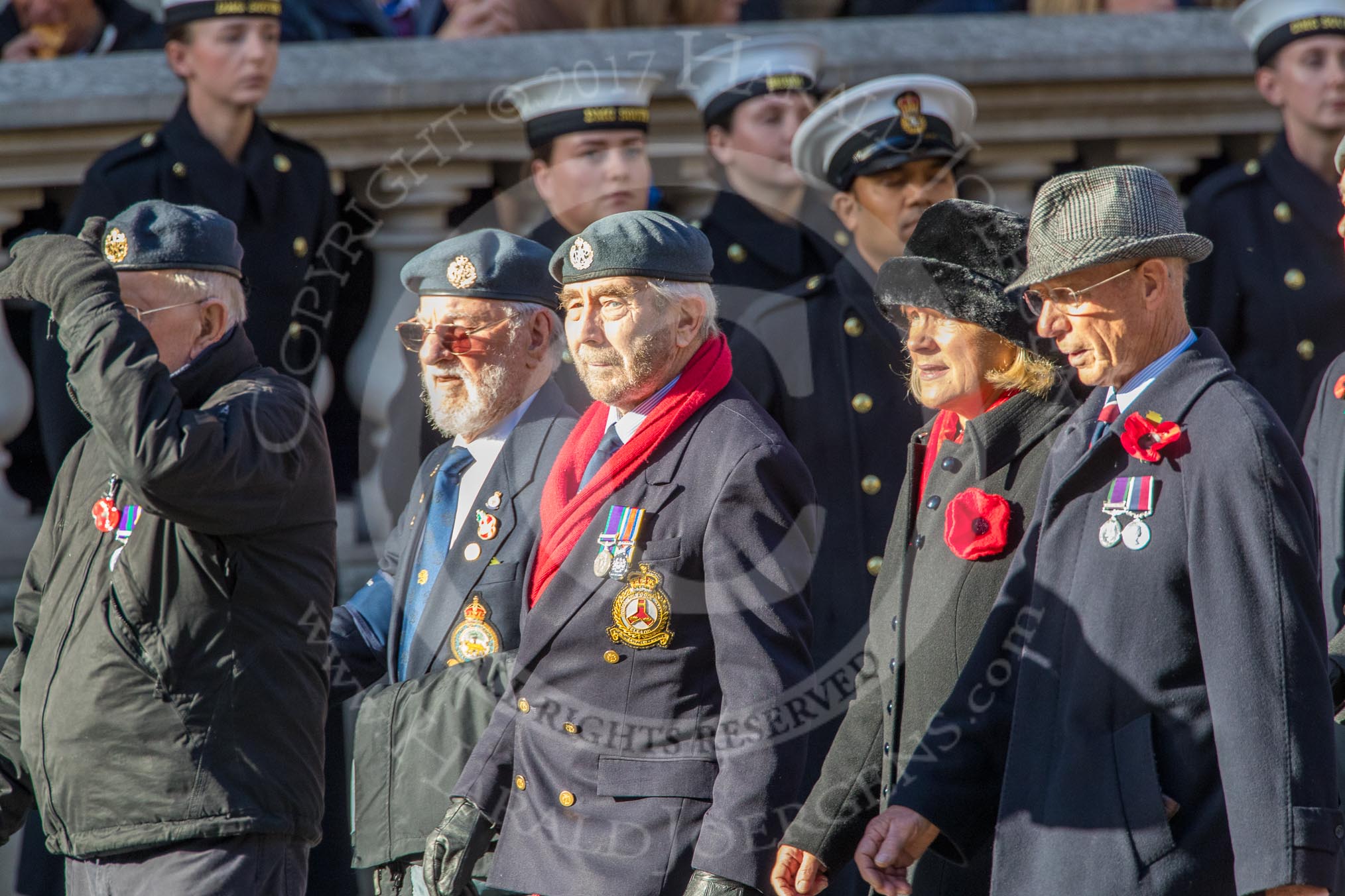 Units of the Far East Air Force (Group C13, 18 members) during the Royal British Legion March Past on Remembrance Sunday at the Cenotaph, Whitehall, Westminster, London, 11 November 2018, 12:16.