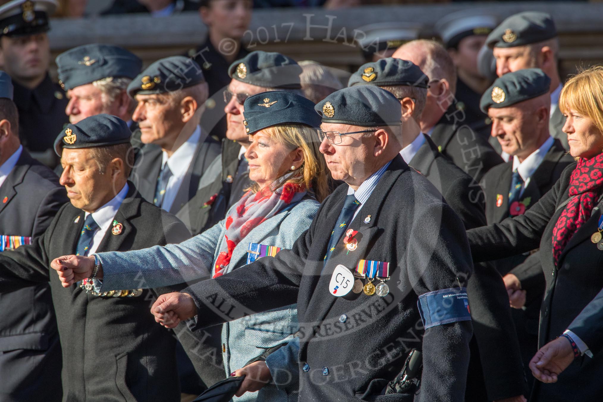 RAF Movements and Mobile Air Movements Squadrons Association (Group C15, 50 members) during the Royal British Legion March Past on Remembrance Sunday at the Cenotaph, Whitehall, Westminster, London, 11 November 2018, 12:16.