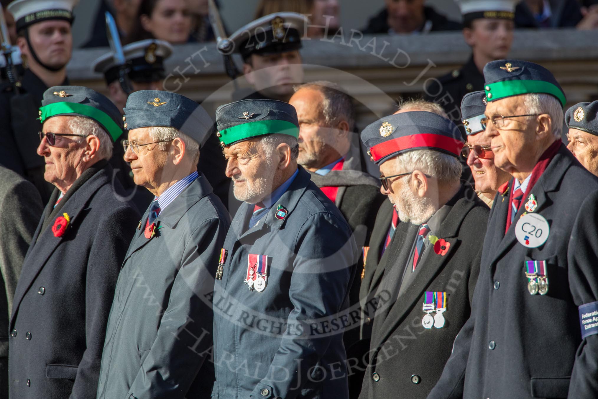 Federation of Royal Air Force Apprentices and Boy Entrants (Group C20, 68 members) during the Royal British Legion March Past on Remembrance Sunday at the Cenotaph, Whitehall, Westminster, London, 11 November 2018, 12:17.