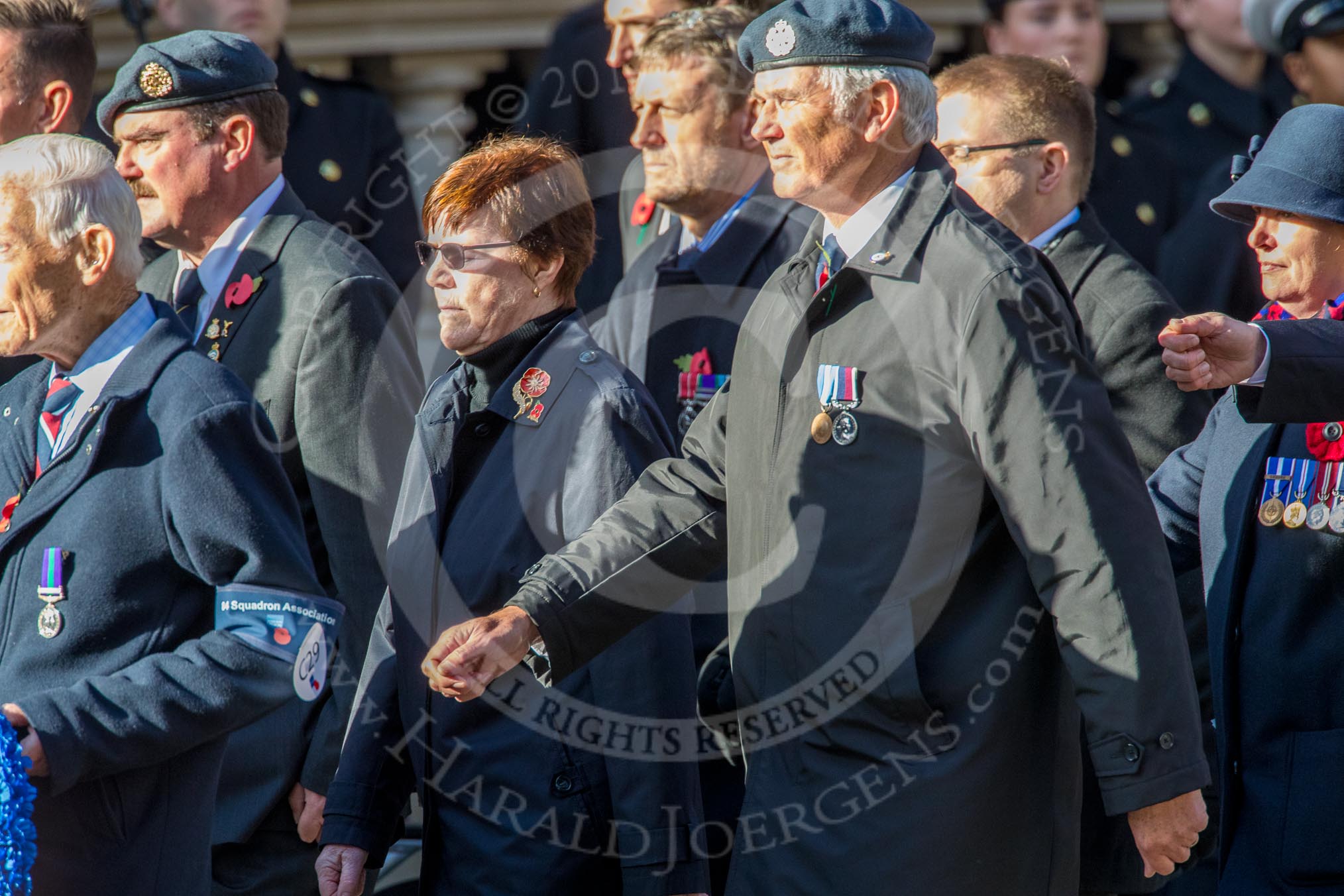 84 Squadron Association (Group C29, 15 members) during the Royal British Legion March Past on Remembrance Sunday at the Cenotaph, Whitehall, Westminster, London, 11 November 2018, 12:19.