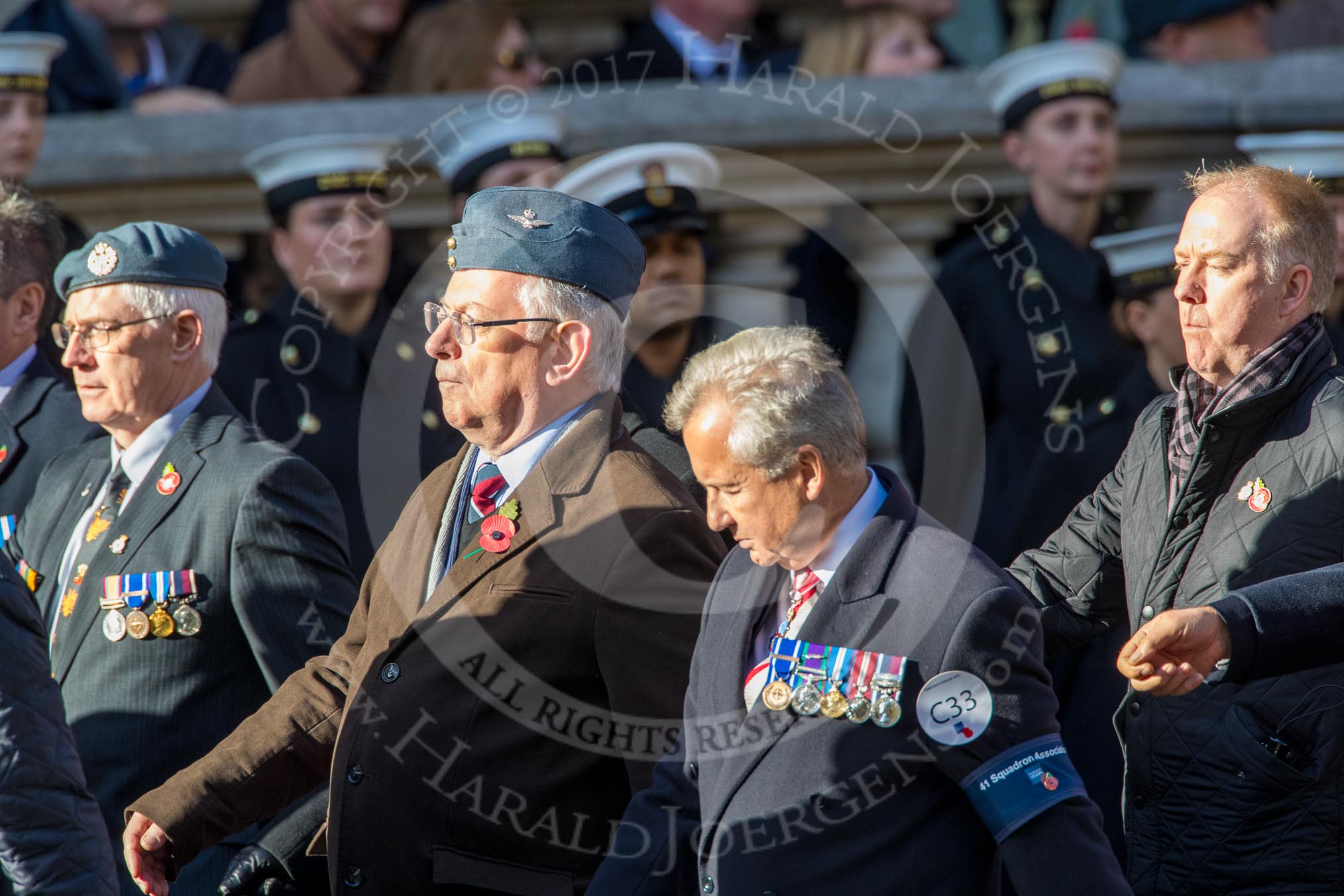 41 Squadron Association (Group C33, 9 members) during the Royal British Legion March Past on Remembrance Sunday at the Cenotaph, Whitehall, Westminster, London, 11 November 2018, 12:19.