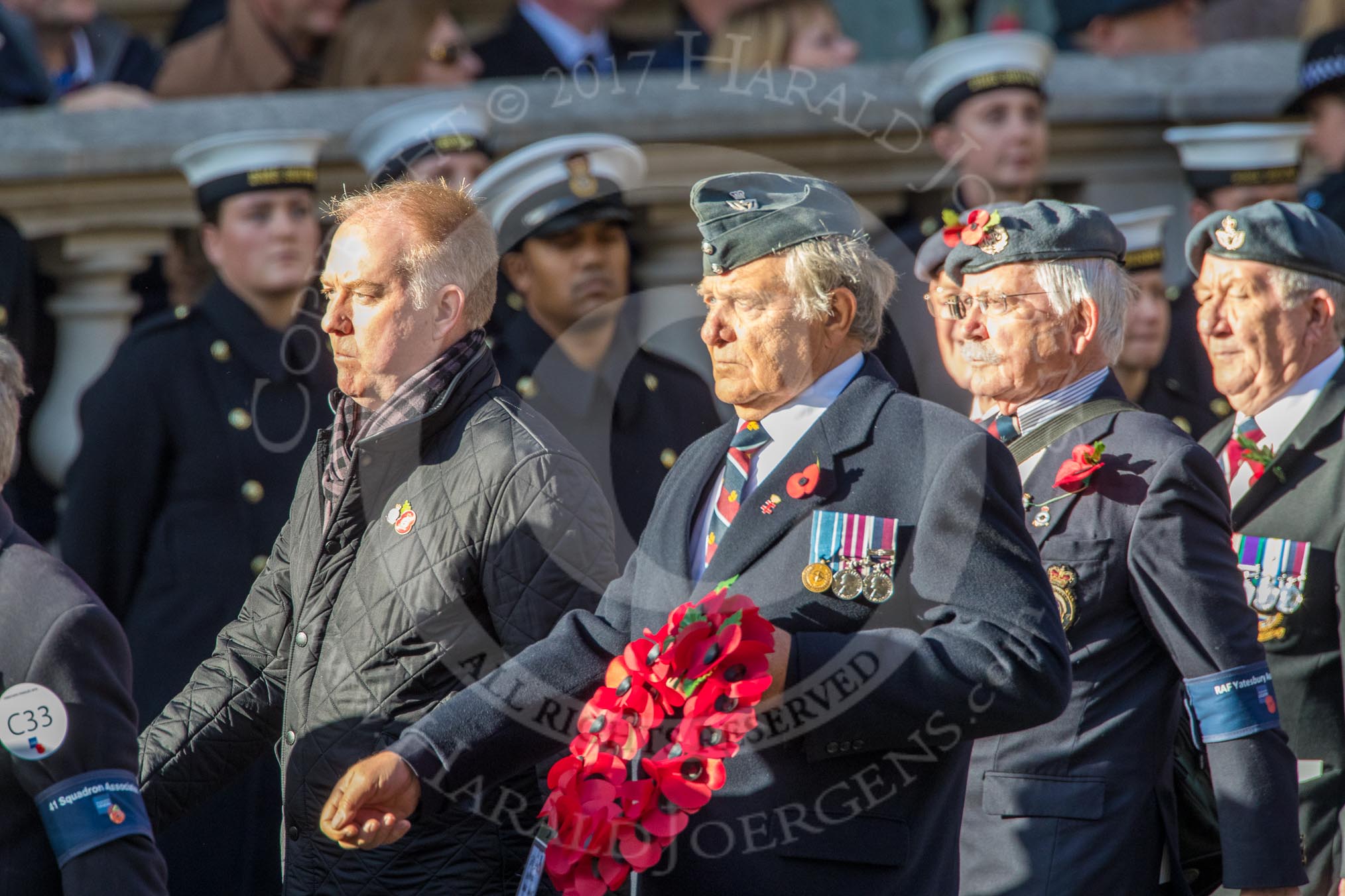 41 Squadron Association (Group C33, 9 members) during the Royal British Legion March Past on Remembrance Sunday at the Cenotaph, Whitehall, Westminster, London, 11 November 2018, 12:19.