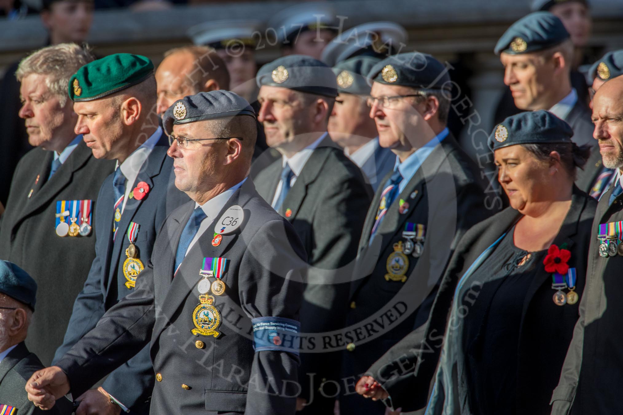 Royal Air Force Servicing Commando and Tactical Supply Wing Association (Group C36, 50 members) during the Royal British Legion March Past on Remembrance Sunday at the Cenotaph, Whitehall, Westminster, London, 11 November 2018, 12:20.