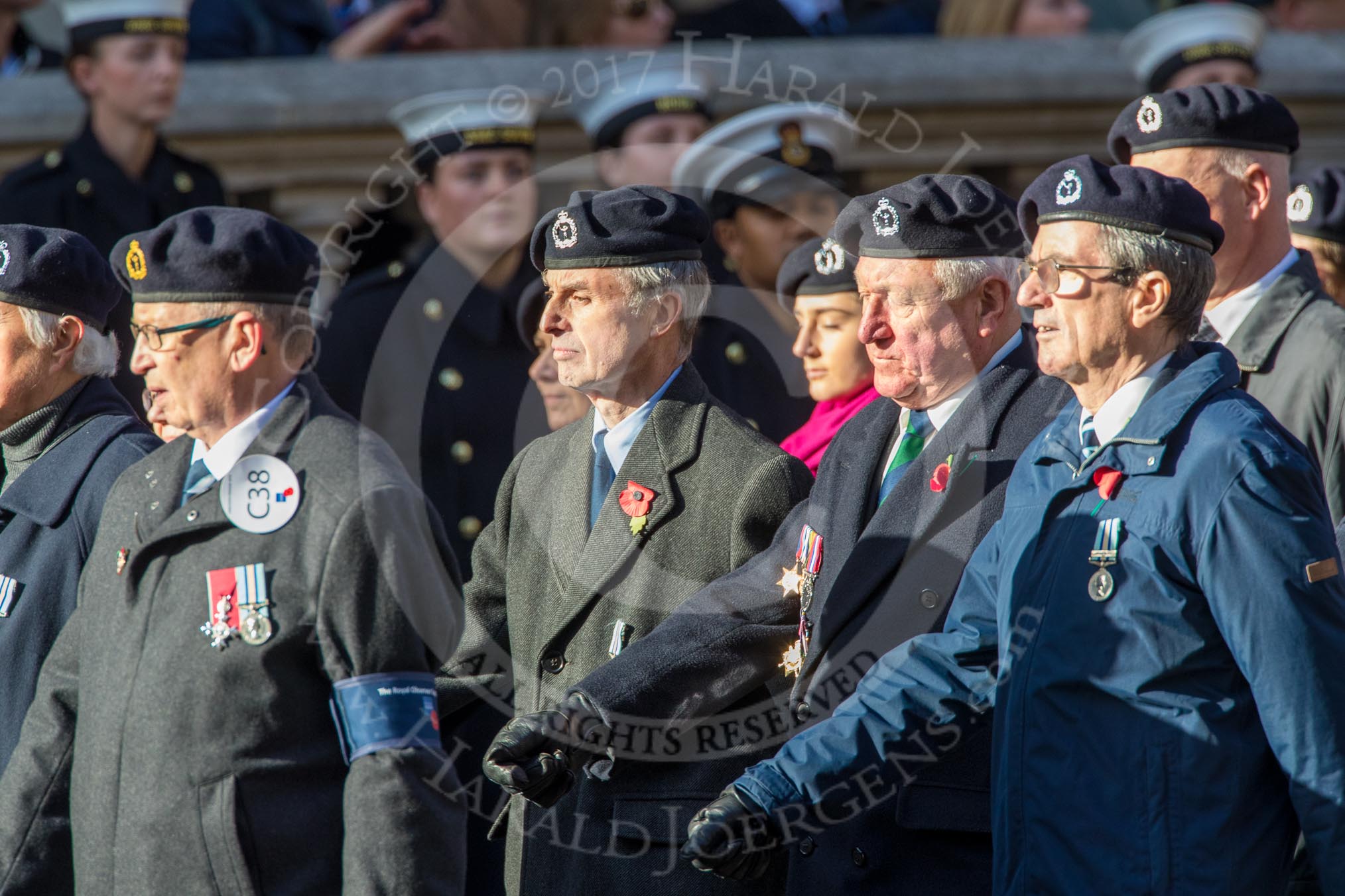 Royal Observer Corps Association (Group C38, 67 members) during the Royal British Legion March Past on Remembrance Sunday at the Cenotaph, Whitehall, Westminster, London, 11 November 2018, 12:20.