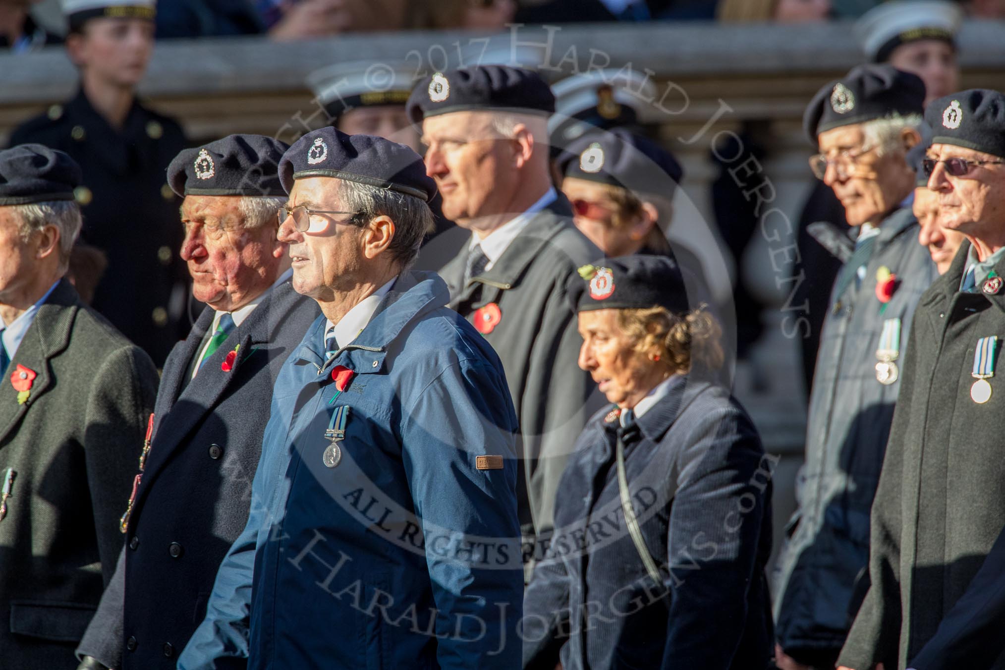 Royal Observer Corps Association (Group C38, 67 members) during the Royal British Legion March Past on Remembrance Sunday at the Cenotaph, Whitehall, Westminster, London, 11 November 2018, 12:20.