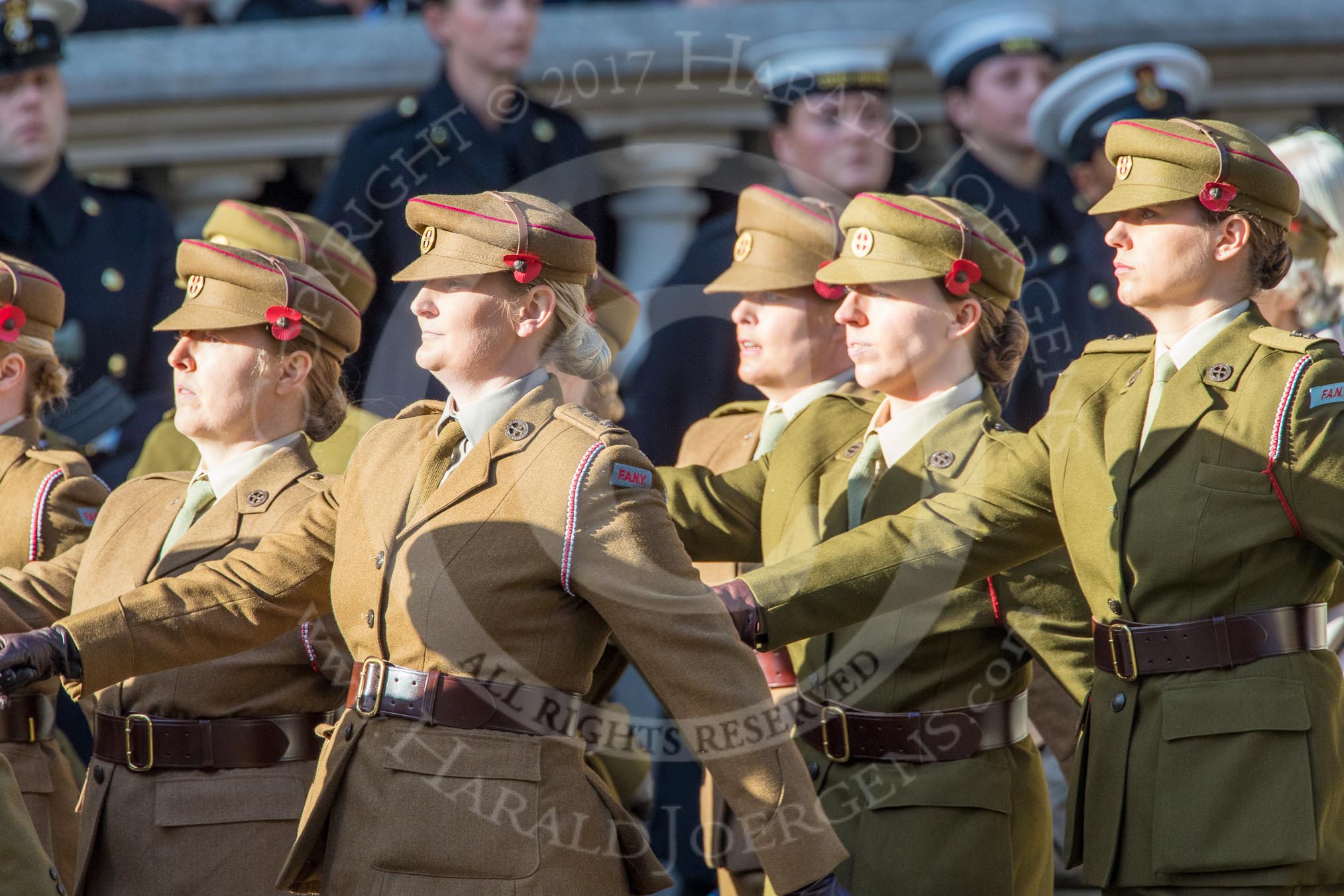 FANY (PRVC) (Group D1, 53 members) during the Royal British Legion March Past on Remembrance Sunday at the Cenotaph, Whitehall, Westminster, London, 11 November 2018, 12:20.