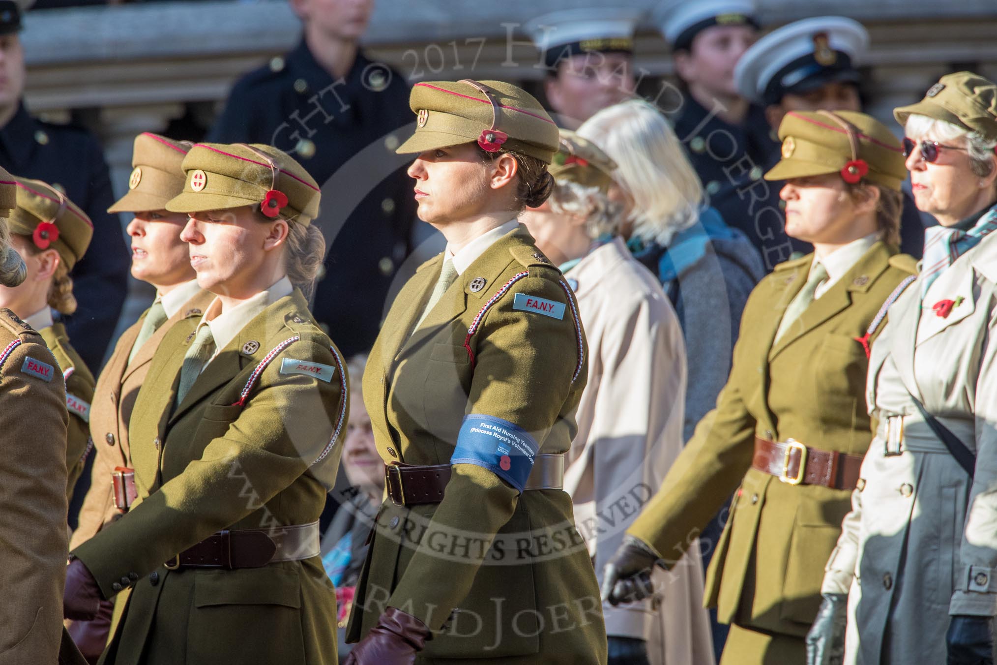 FANY (PRVC) (Group D1, 53 members) during the Royal British Legion March Past on Remembrance Sunday at the Cenotaph, Whitehall, Westminster, London, 11 November 2018, 12:20.