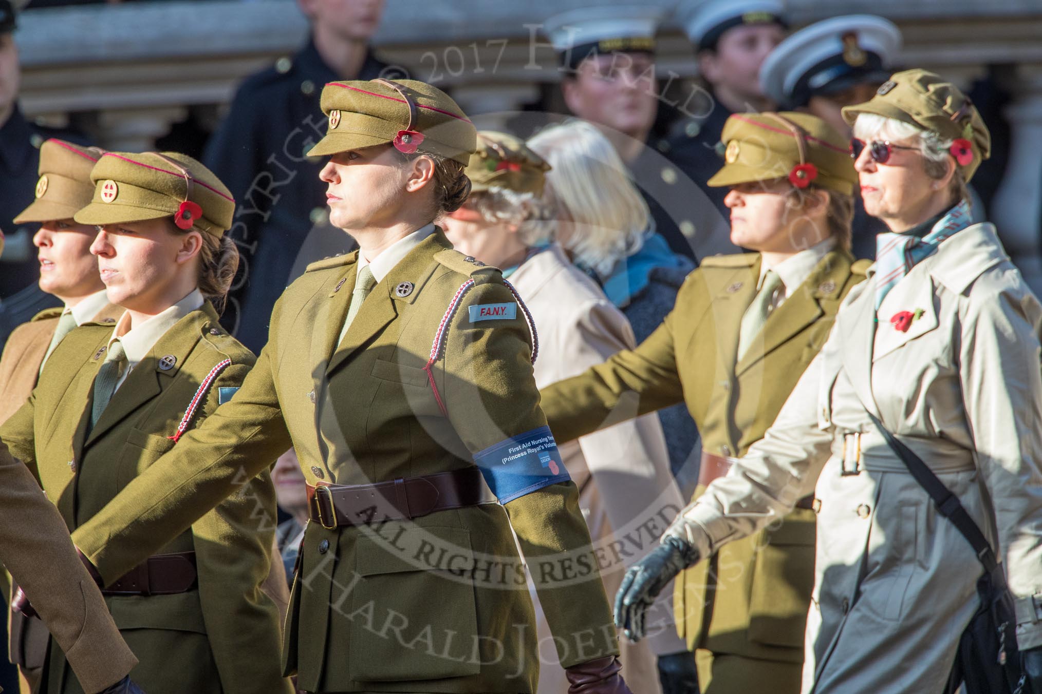 FANY (PRVC) (Group D1, 53 members) during the Royal British Legion March Past on Remembrance Sunday at the Cenotaph, Whitehall, Westminster, London, 11 November 2018, 12:20.