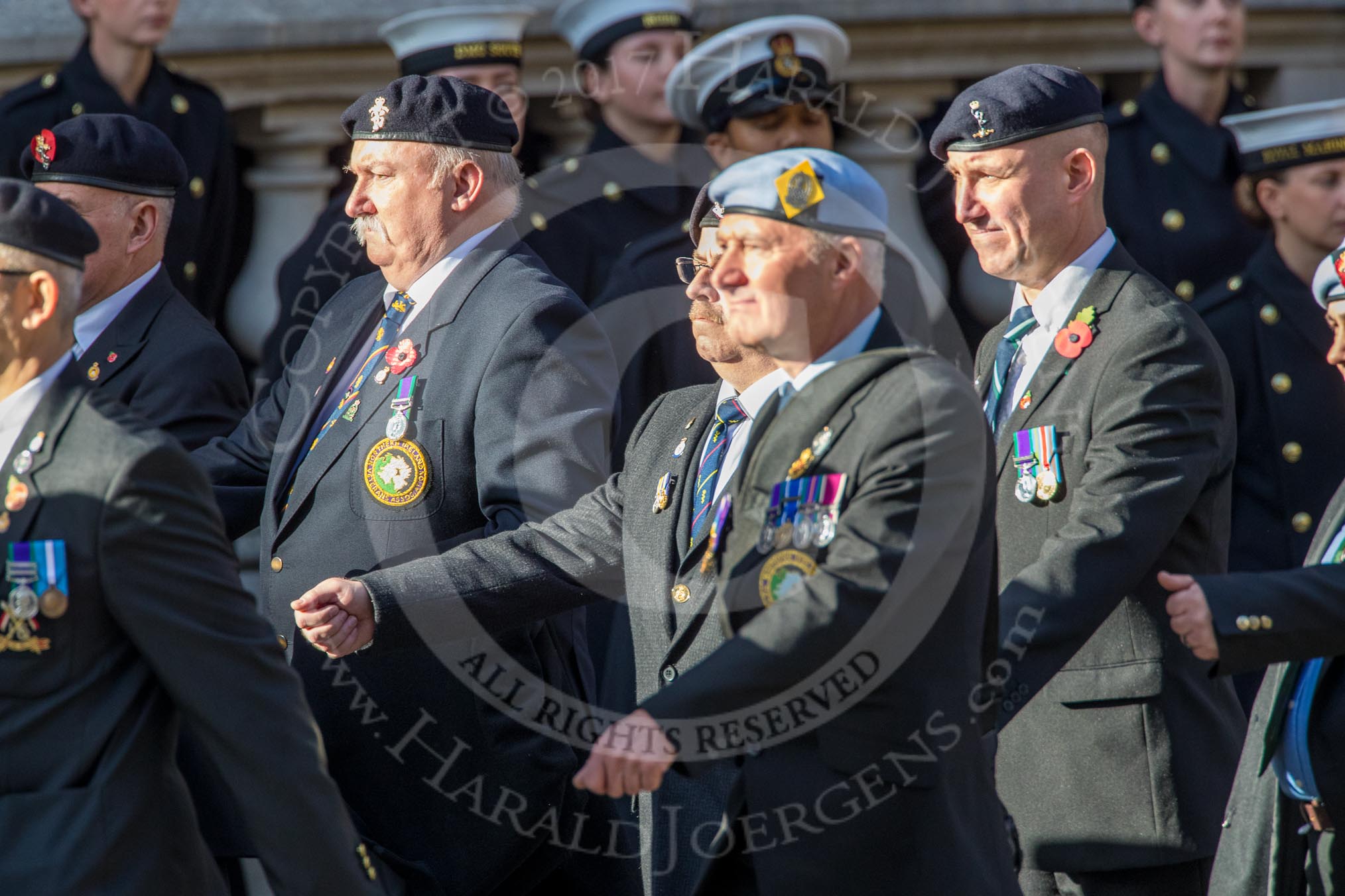 Northern Ireland Veteran's Association  (Group D2, 36 members) during the Royal British Legion March Past on Remembrance Sunday at the Cenotaph, Whitehall, Westminster, London, 11 November 2018, 12:20.