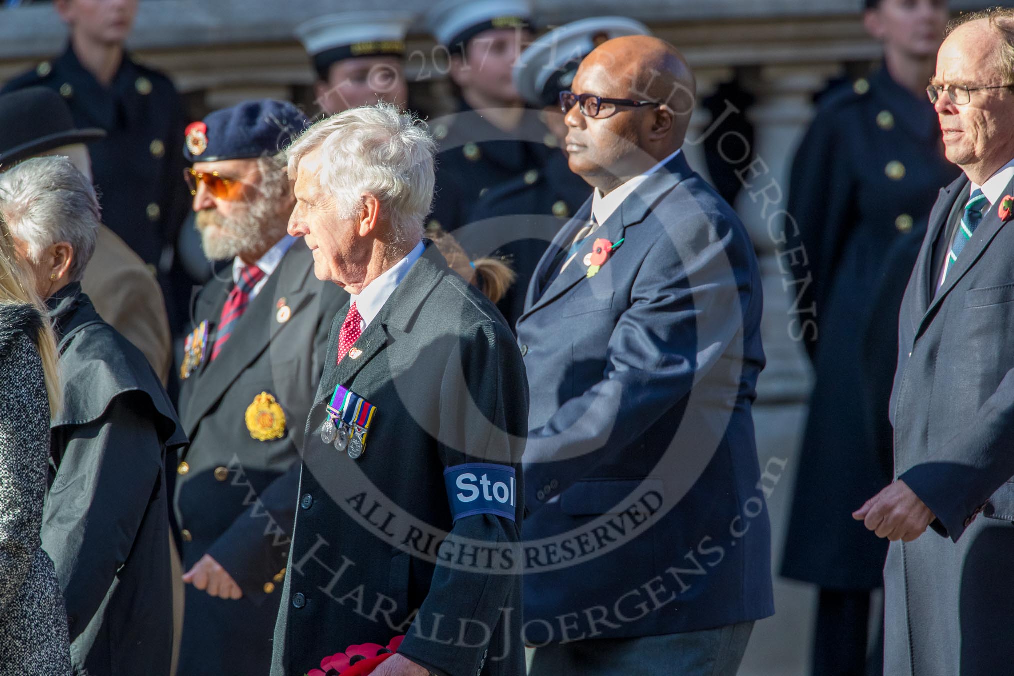 Stoll (Group D3, 18 members) during the Royal British Legion March Past on Remembrance Sunday at the Cenotaph, Whitehall, Westminster, London, 11 November 2018, 12:20.