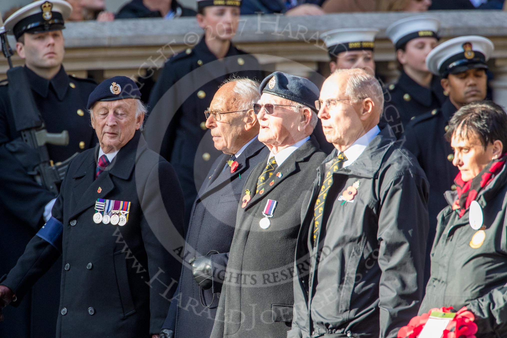 British Nuclear Tests Veterans Association  (Group D5, 30 members) during the Royal British Legion March Past on Remembrance Sunday at the Cenotaph, Whitehall, Westminster, London, 11 November 2018, 12:21.