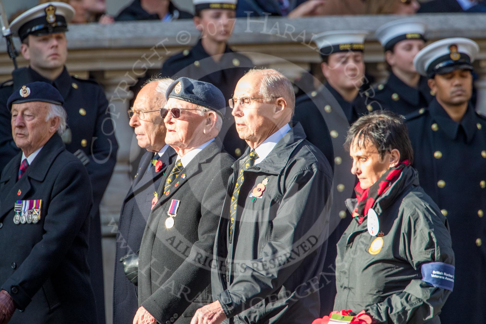 British Nuclear Tests Veterans Association  (Group D5, 30 members) during the Royal British Legion March Past on Remembrance Sunday at the Cenotaph, Whitehall, Westminster, London, 11 November 2018, 12:21.