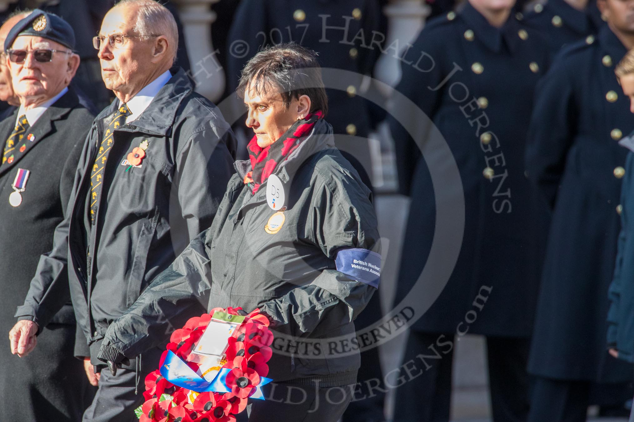 British Nuclear Tests Veterans Association  (Group D5, 30 members) during the Royal British Legion March Past on Remembrance Sunday at the Cenotaph, Whitehall, Westminster, London, 11 November 2018, 12:21.