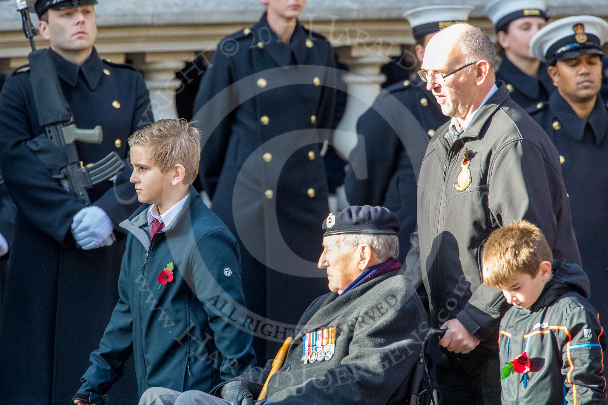 British Nuclear Tests Veterans Association  (Group D5, 30 members) during the Royal British Legion March Past on Remembrance Sunday at the Cenotaph, Whitehall, Westminster, London, 11 November 2018, 12:21.