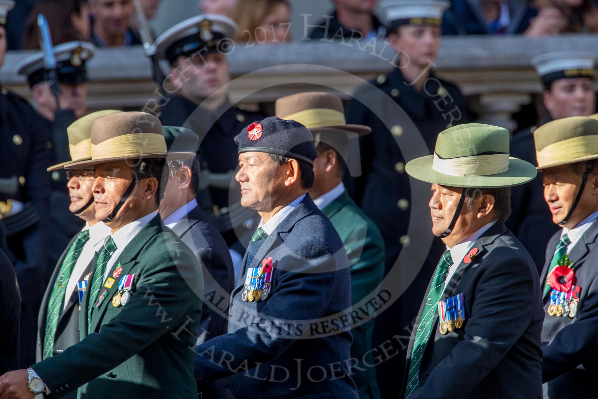 British Gurkha Welfare Society (Group D6, 5 members) during the Royal British Legion March Past on Remembrance Sunday at the Cenotaph, Whitehall, Westminster, London, 11 November 2018, 12:21.