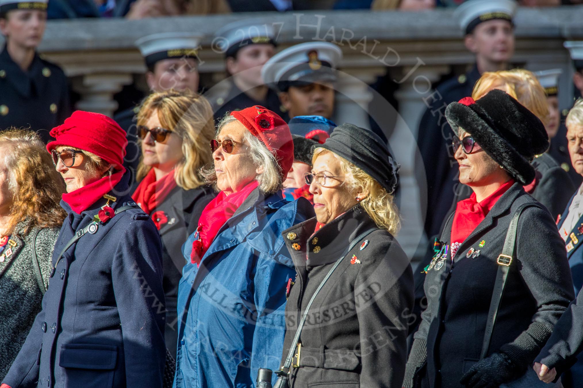 The War Widows' Association  of Great Britain (Group D7, 47 members) during the Royal British Legion March Past on Remembrance Sunday at the Cenotaph, Whitehall, Westminster, London, 11 November 2018, 12:21.