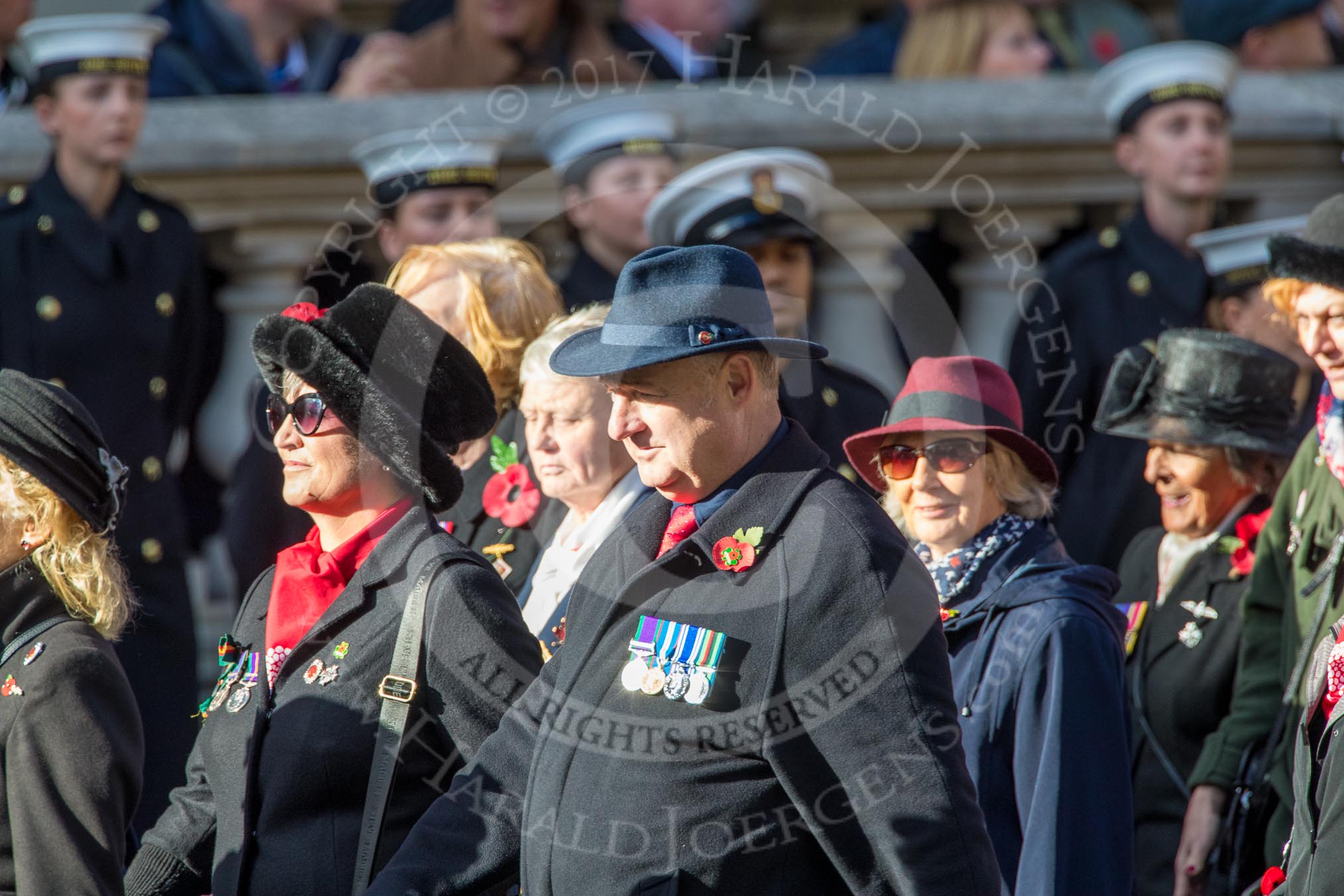 The War Widows' Association  of Great Britain (Group D7, 47 members) during the Royal British Legion March Past on Remembrance Sunday at the Cenotaph, Whitehall, Westminster, London, 11 November 2018, 12:21.