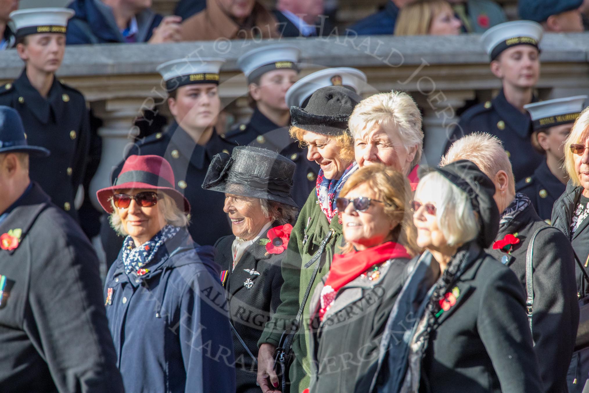 The War Widows' Association  of Great Britain (Group D7, 47 members) during the Royal British Legion March Past on Remembrance Sunday at the Cenotaph, Whitehall, Westminster, London, 11 November 2018, 12:21.