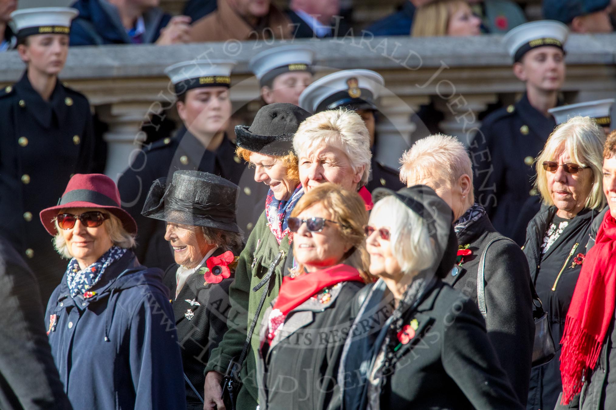 The War Widows' Association  of Great Britain (Group D7, 47 members) during the Royal British Legion March Past on Remembrance Sunday at the Cenotaph, Whitehall, Westminster, London, 11 November 2018, 12:21.